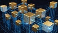 Golden Blockchain Cubes Interconnected in Futuristic Digital Network Royalty Free Stock Photo