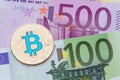 Golden blue bitcoin euro background. Bitcoin cryptocurrency.