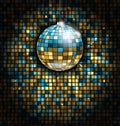 Golden Blue Disco Ball with Light Rays on Mosaic Glitter Background Royalty Free Stock Photo