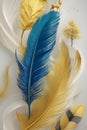 Golden and blue feathers with deer and tree, 3D art, abstract nature. Royalty Free Stock Photo