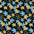 Golden blue flower on black background, glitter shimmer beautiful shiny holiday background Royalty Free Stock Photo