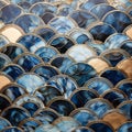 Golden And Blue Scallop Shaped Tiles: Layered Abstraction With Art Deco Glamour