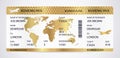 Golden Boarding pass ticket, traveler check template with aircraft airplane or plane silhouette on gold guilloche background