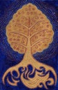 Golden Bodhi tree symbol on dark blue background. Abstract Luxury style illustration.