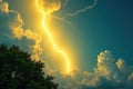 A golden bolt of lightning pierces dramatic cumulus cloudscape, illuminated by a vibrant sunset. Generative AI Royalty Free Stock Photo