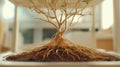 Golden bonsai tree with visible roots growing from soil inside a bright room. Royalty Free Stock Photo