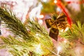 Golden bow on a background of green Christmas tree branches Royalty Free Stock Photo