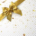 Golden bow and ribbon with sparkling confetti glitters isolated on checkered transparent background Royalty Free Stock Photo