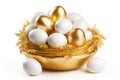 A golden bowl filled with white and gold eggs