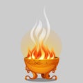 Golden bowl of fire isolated on a grey background. Vector cartoon close-up illustration.