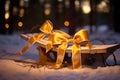 Golden Bows on Rustic Sled in Snowy Forest