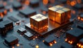 Golden boxes on chip illustrate tech gifts e-commerce. Circuit board background shows microprocessors. Could represent new tech Royalty Free Stock Photo
