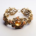 Golden Bracelet With Orange Stones And Art Nouveau Engravings
