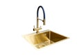 Golden brass and blue square sink and faucet double tap mixer in contemporary modern design for insert into modern Royalty Free Stock Photo