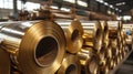 Golden Brass Metal Rolls in Warehouse. Generative ai