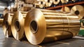 Golden Brass Metal Rolls in Warehouse. Generative ai