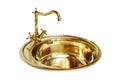 Golden brass sink and faucet double tap mixer in contemporary modern design for insert into modern contemporary kitchen
