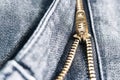 Golden brass zipper on blue jeans. selective focus. Royalty Free Stock Photo