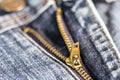 Golden brass zipper on blue jeans. selective focus. Royalty Free Stock Photo