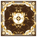 Golden Brawn White Baroque Scarf design with Chains. Versace Style Pattern Ready for Fashion Textile. Scarf Design for Silk Print