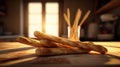 Golden bread sticks baked in rustic kitchen Illustration AI Generative