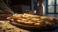 Golden bread sticks baked in rustic kitchen Illustration AI Generative