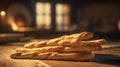 Golden bread sticks baked in rustic kitchen Illustration AI Generative