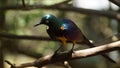 The golden-breasted starling is a small bird with a bright, blue tail and a blue back. It has a green head, white eyes, blue-viole Royalty Free Stock Photo