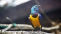 The golden-breasted starling is a small bird with a bright, blue tail and a blue back. It has a green head, white eyes, blue-viole Royalty Free Stock Photo