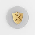 Golden broken shield icon. 3d rendering gray round key button, interface ui ux element Royalty Free Stock Photo