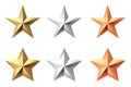 Golden, bronze, silver glossy metallic stars 3d realistic style. 1, 2, 3 place symbols.