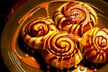 golden brown aetizing cinnamon buns drizzled with caramel