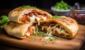 Golden Brown Baked Calzone Filled with Melting Cheese and Spicy Pepperoni on a Wooden Board Garnished with Fresh Chives