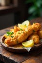 Golden-brown breaded fish filets served with lemon wedges on rustic wooden table. Generative AI Royalty Free Stock Photo