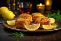 golden brown crab cakes on a plate with lemon wedges