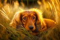 golden brown dachshund dog lying down in open grass field