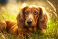 golden brown dachshund dog lying down in open grass field
