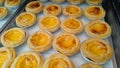 Golden brown egg tarts on a tray Appetizing desserts for sweet lovers