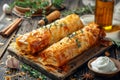 Golden Brown Filo Pastry Rolls with Fresh Herbs on Rustic Wooden Table with Honey and Ingredients