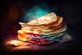 Golden-brown flatbreads stacked on a dark background, with hints of char marks and steam rising from the freshly cooked