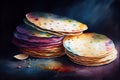 Golden-brown flatbreads stacked on a dark background, with hints of char marks and steam rising from the freshly cooked