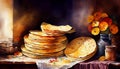 Golden-brown flatbreads stacked on a dark background, with hints of char marks and steam rising from the freshly cooked bread,