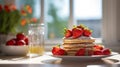 Golden-Brown Fluffy Pancakes with Fresh Strawberries Royalty Free Stock Photo