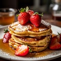 Golden Brown Fluffy Stack of Pancakes with a Side. Generative AI
