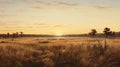 Golden Brown Grass At Sunset: Hyper Realistic Tonalism Landscape