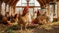 Golden-brown hens with bright red combs explore an earthy floor with straw. Chickens on a farm. Generative AI Royalty Free Stock Photo