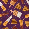 Golden brown homemade corn dog or hot dog and hearts shape waffle desserts seamless pattern.