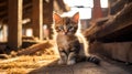 Golden Brown Kitten In Barn With Soft Lighting