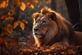 Golden Brown Lion: Majestic Morning in the Forest (AI Generated)