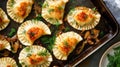 Golden brown pierogi with fresh dill and caramelized onions on a baking sheet Royalty Free Stock Photo